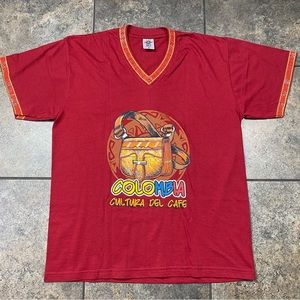 VTG 90’s Columbia Coffee Culture Short Sleeve Vneck T-Shirt Size Large